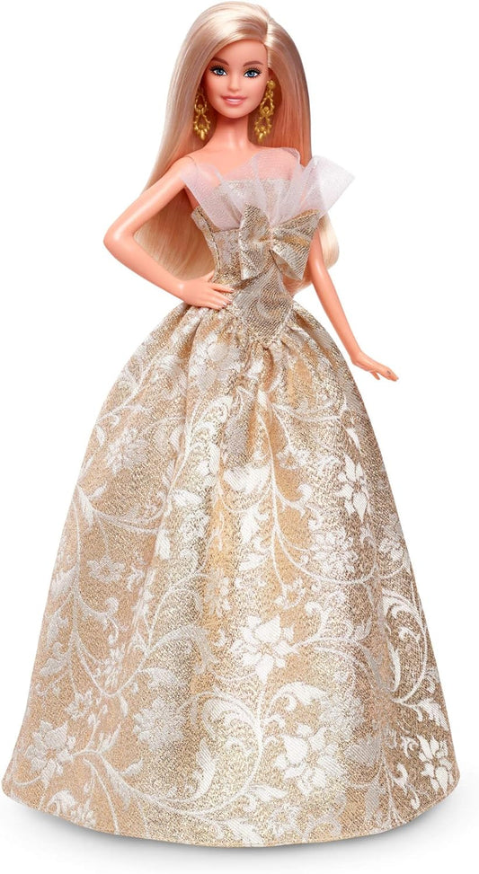 Signature 2025 Holiday Blonde Fashion Doll Wearing Silver & Gold Gown, Seasonal Collector in Displayable Packaging & Stand