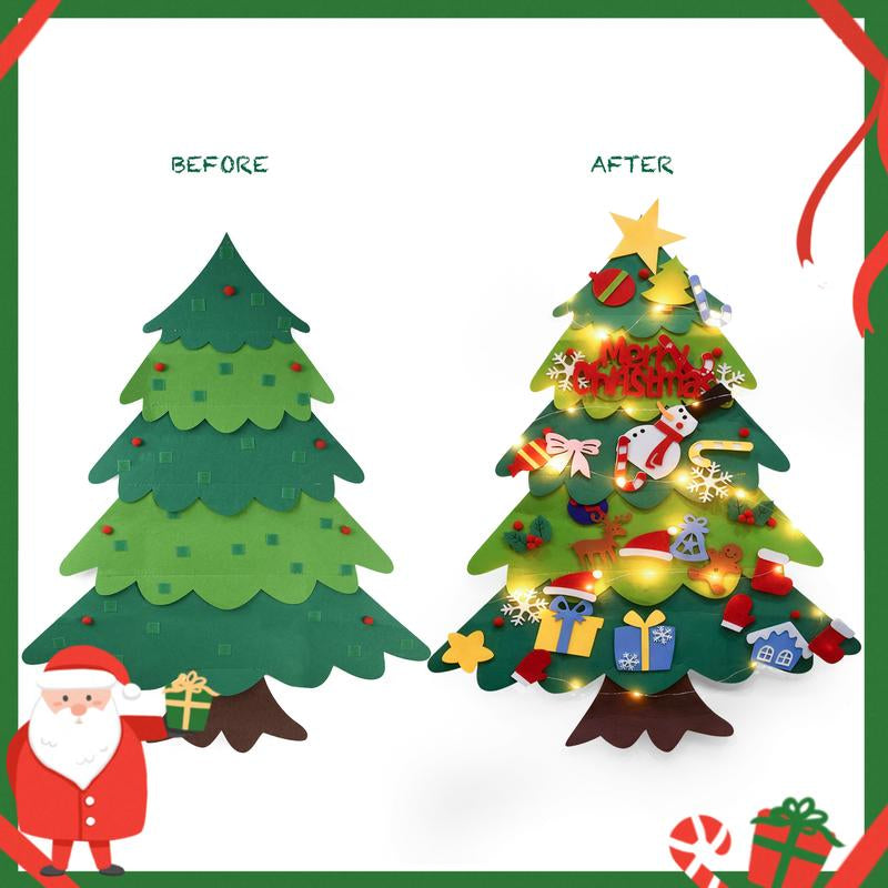 Montessori Felt Christmas Tree for Toddlers,+32 Ornaments Kids+ Xmas Decoration Party Supplies,Kids DIY Felt Craft Kit,Wall Hanging Christmas ,Home Door Window Decor,Christmas Toys for Toddlers,Family Party( Give Away 10Ft LED String)