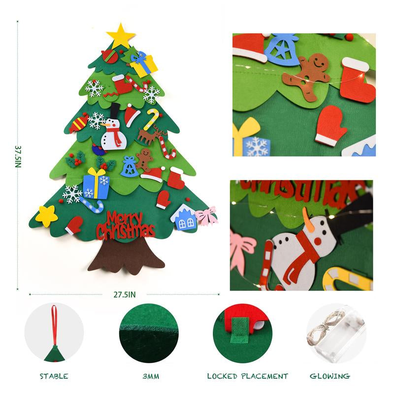 Montessori Felt Christmas Tree for Toddlers,+32 Ornaments Kids+ Xmas Decoration Party Supplies,Kids DIY Felt Craft Kit,Wall Hanging Christmas ,Home Door Window Decor,Christmas Toys for Toddlers,Family Party( Give Away 10Ft LED String)