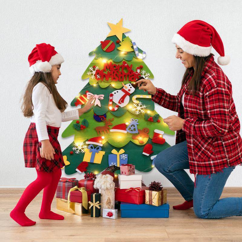 Montessori Felt Christmas Tree for Toddlers,+32 Ornaments Kids+ Xmas Decoration Party Supplies,Kids DIY Felt Craft Kit,Wall Hanging Christmas ,Home Door Window Decor,Christmas Toys for Toddlers,Family Party( Give Away 10Ft LED String)