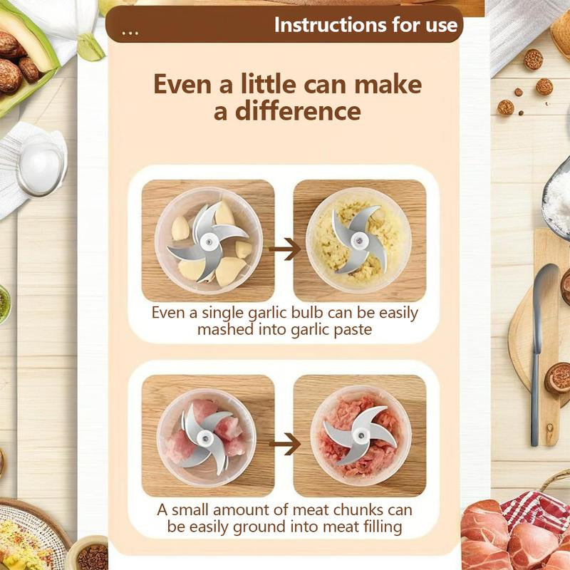 Electric Garlic Chopper, 4 Sharp Blades,Portable Veggie Chopper, 300ML Garlic Grinder Masher Onion Chopper, Blender to Vegetable, Cordless Food Processor for Ginger, Chili, Fruit, Meat, Spices, Beans, Etc