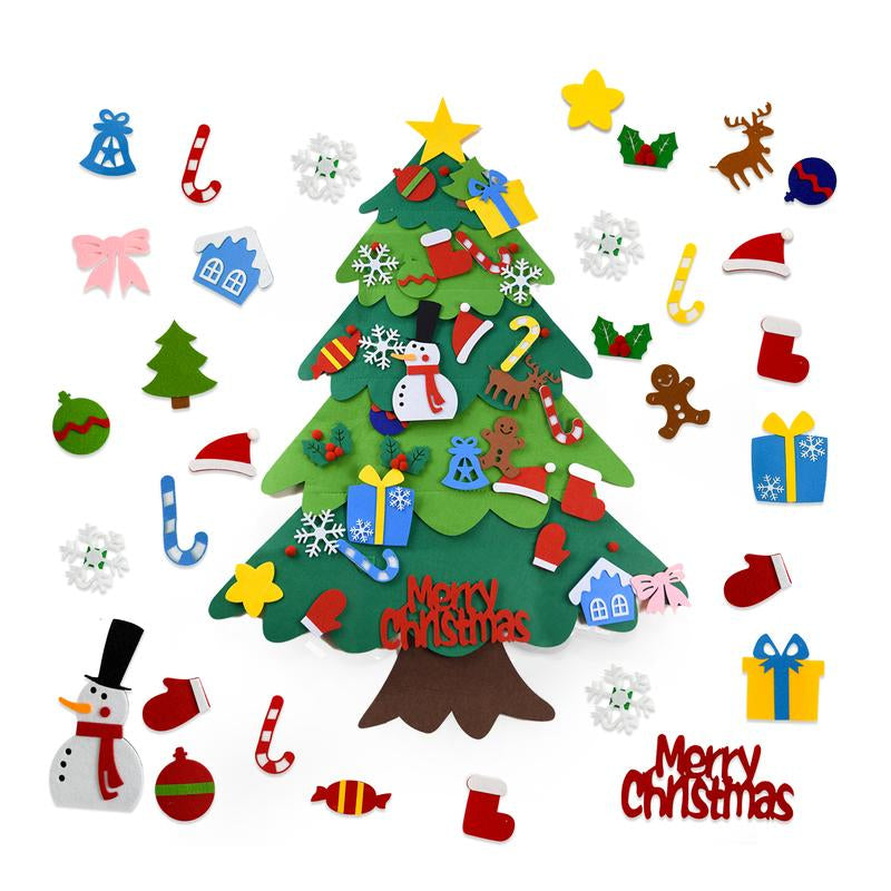 Montessori Felt Christmas Tree for Toddlers,+32 Ornaments Kids+ Xmas Decoration Party Supplies,Kids DIY Felt Craft Kit,Wall Hanging Christmas ,Home Door Window Decor,Christmas Toys for Toddlers,Family Party( Give Away 10Ft LED String)