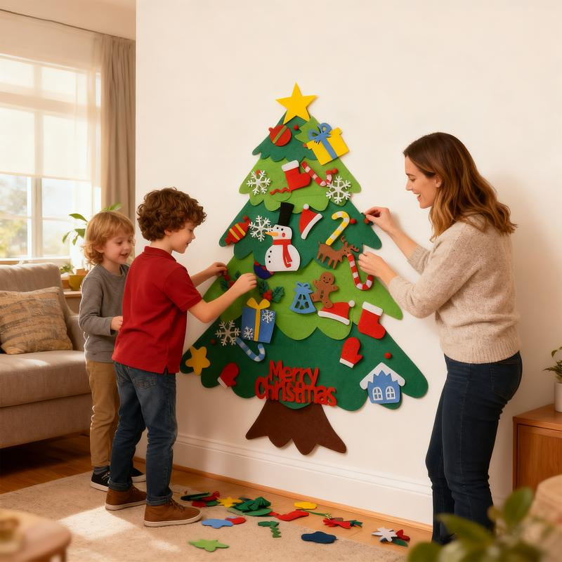 Montessori Felt Christmas Tree for Toddlers,+32 Ornaments Kids+ Xmas Decoration Party Supplies,Kids DIY Felt Craft Kit,Wall Hanging Christmas ,Home Door Window Decor,Christmas Toys for Toddlers,Family Party( Give Away 10Ft LED String)