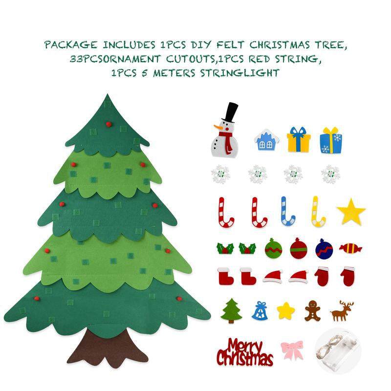 Montessori Felt Christmas Tree for Toddlers,+32 Ornaments Kids+ Xmas Decoration Party Supplies,Kids DIY Felt Craft Kit,Wall Hanging Christmas ,Home Door Window Decor,Christmas Toys for Toddlers,Family Party( Give Away 10Ft LED String)