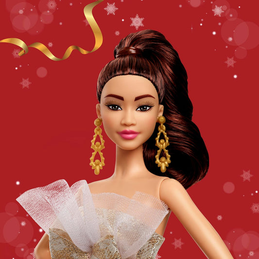 Signature 2025 Holiday Light Brown Hair Fashion Doll Wearing Silver & Gold Gown, Seasonal Collector in Displayable Packaging & Stand