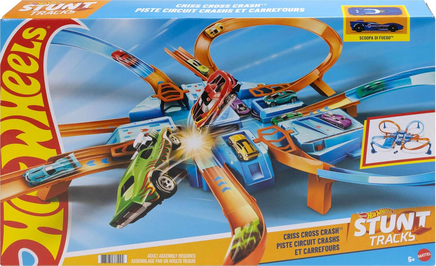 Track Set with 1:64 Scale Toy Car, 4 Intersections for Crashing, Powered by a Motorized Booster, Criss-Cross Crash Track (Amazon Exclusive)