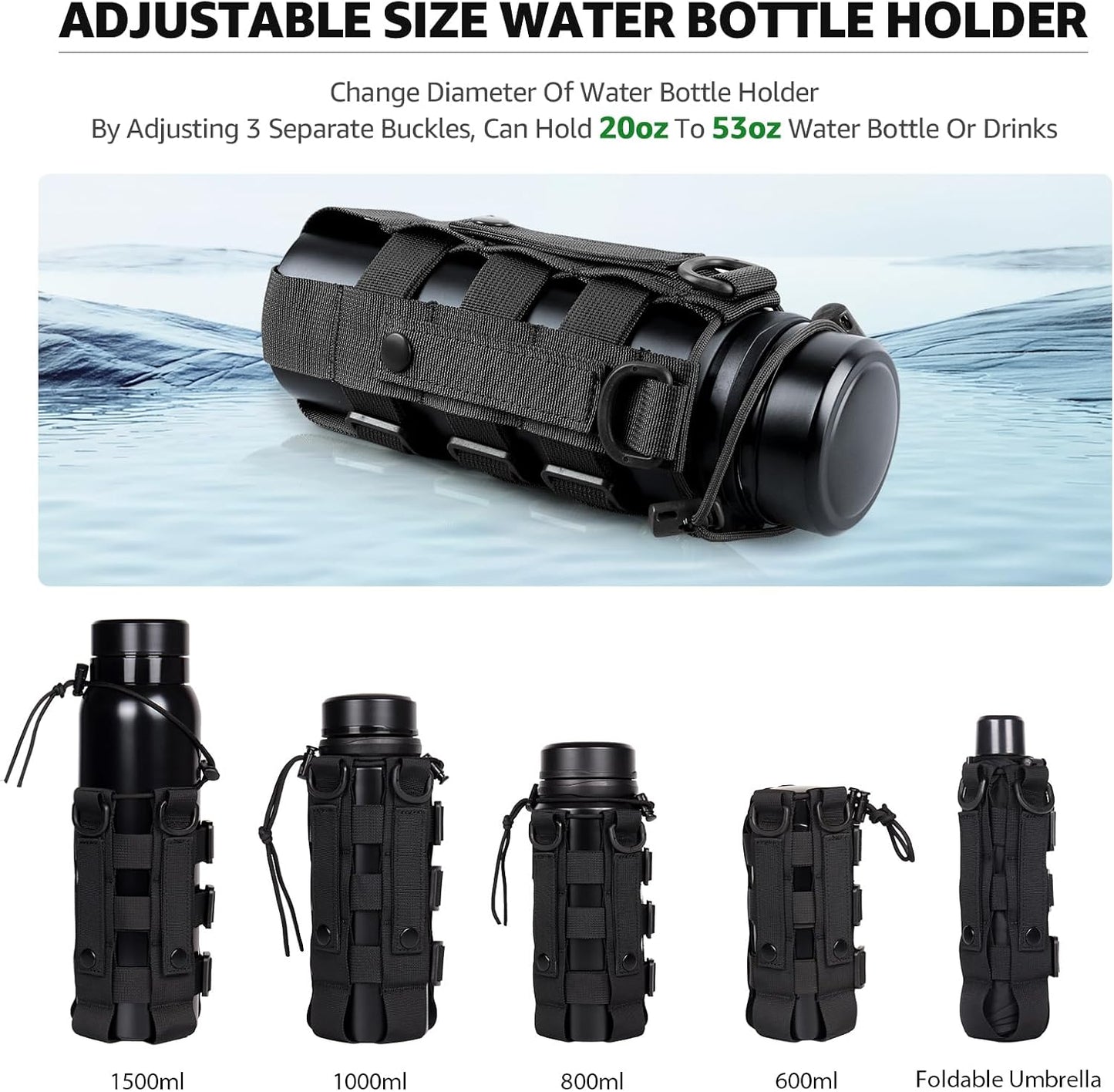 Water Bottle Holder for Backpack, Drawstring Adjustable Straps Pouches for 20, 32, 36, and 48 Oz Water Bottles