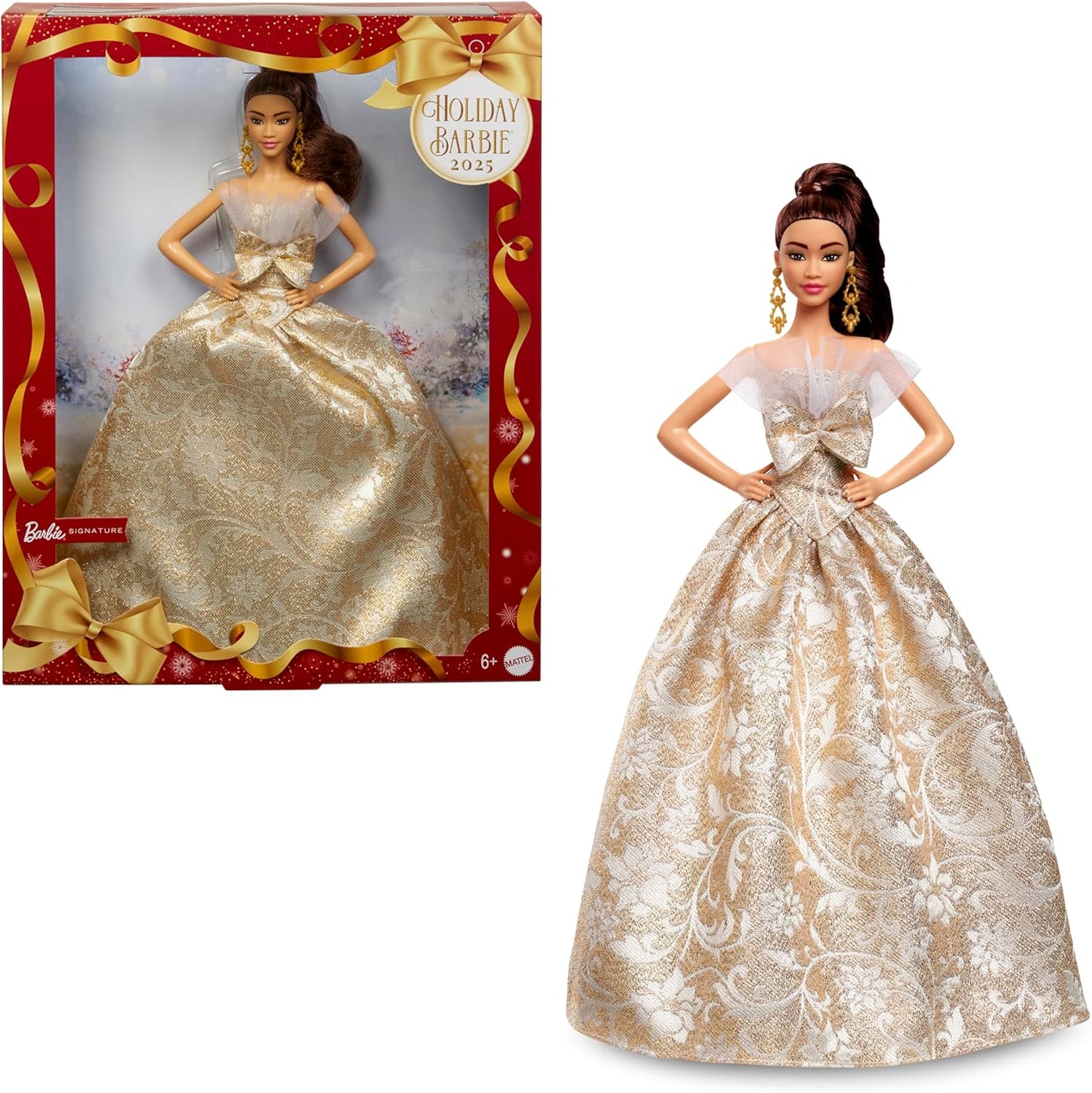 Signature 2025 Holiday Light Brown Hair Fashion Doll Wearing Silver & Gold Gown, Seasonal Collector in Displayable Packaging & Stand