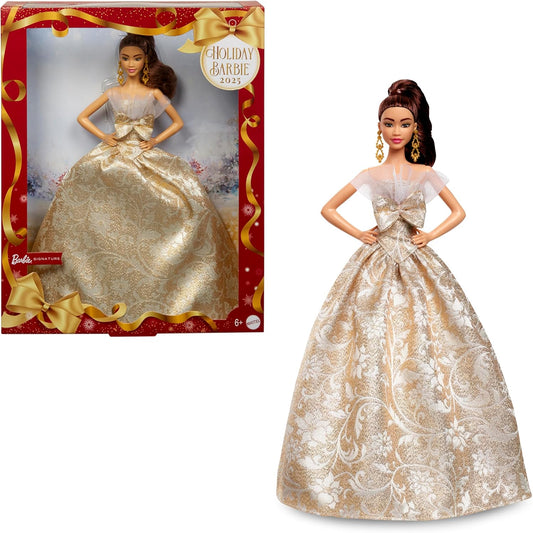 Signature 2025 Holiday Light Brown Hair Fashion Doll Wearing Silver & Gold Gown, Seasonal Collector in Displayable Packaging & Stand
