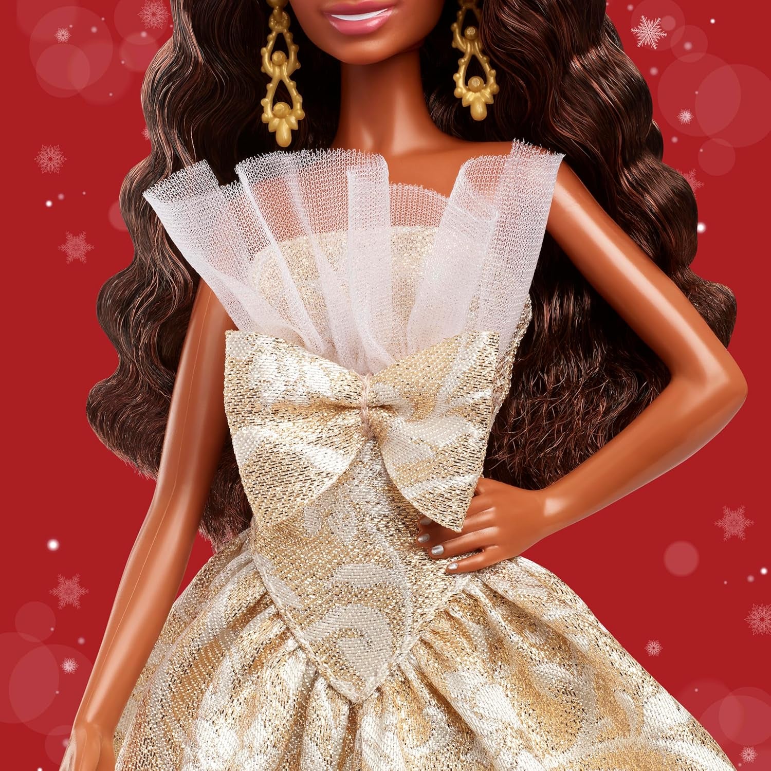 Signature 2025 Holiday Black Hair Fashion Doll Wearing Silver & Gold Gown, Seasonal Collector in Displayable Packaging & Stand