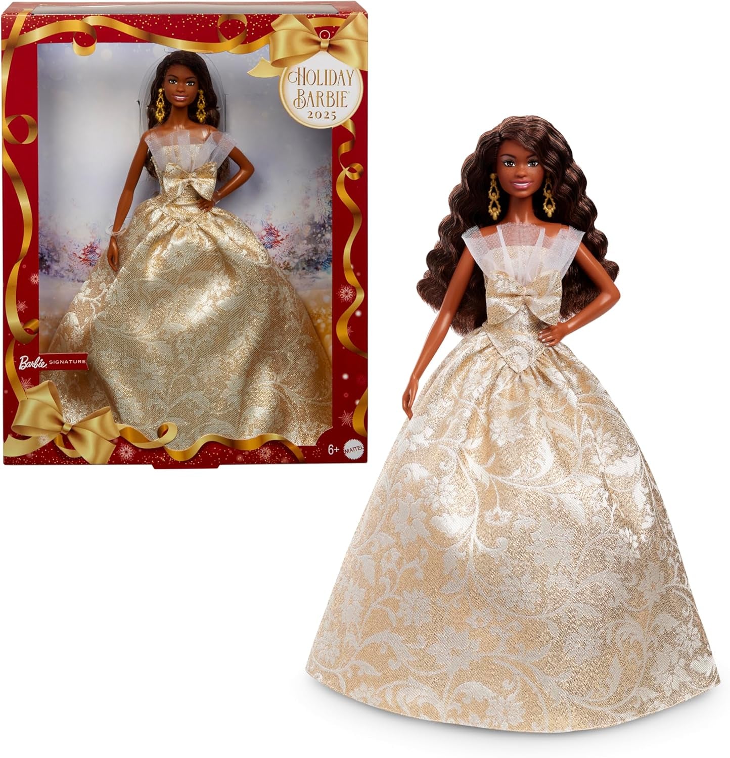 Signature 2025 Holiday Black Hair Fashion Doll Wearing Silver & Gold Gown, Seasonal Collector in Displayable Packaging & Stand