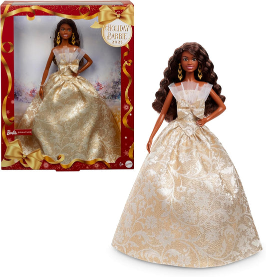 Signature 2025 Holiday Black Hair Fashion Doll Wearing Silver & Gold Gown, Seasonal Collector in Displayable Packaging & Stand