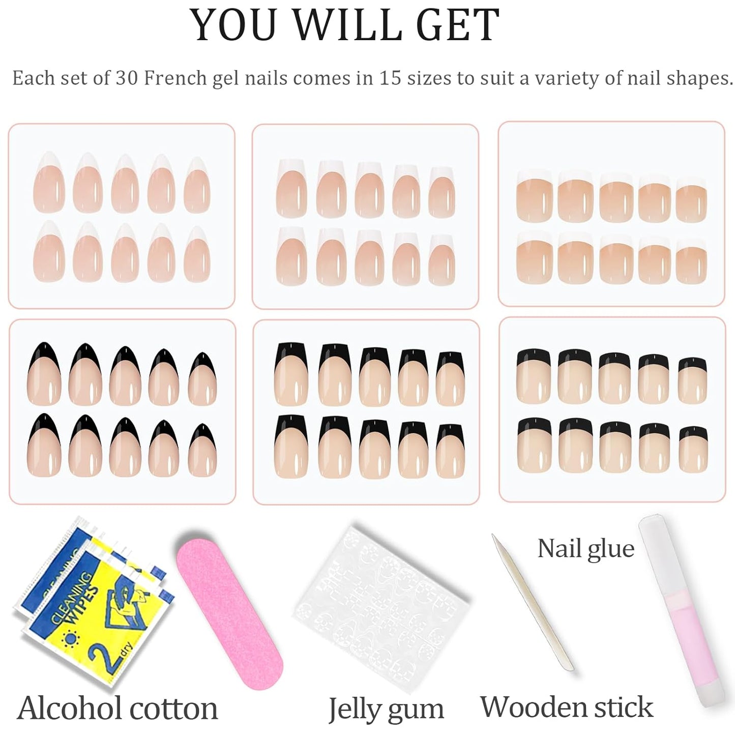 6 Pack (180Pcs) French Tip Press on Nails - Almond, Square, Coffin, with Nail Glue, Artificial Nails Stick on Nails