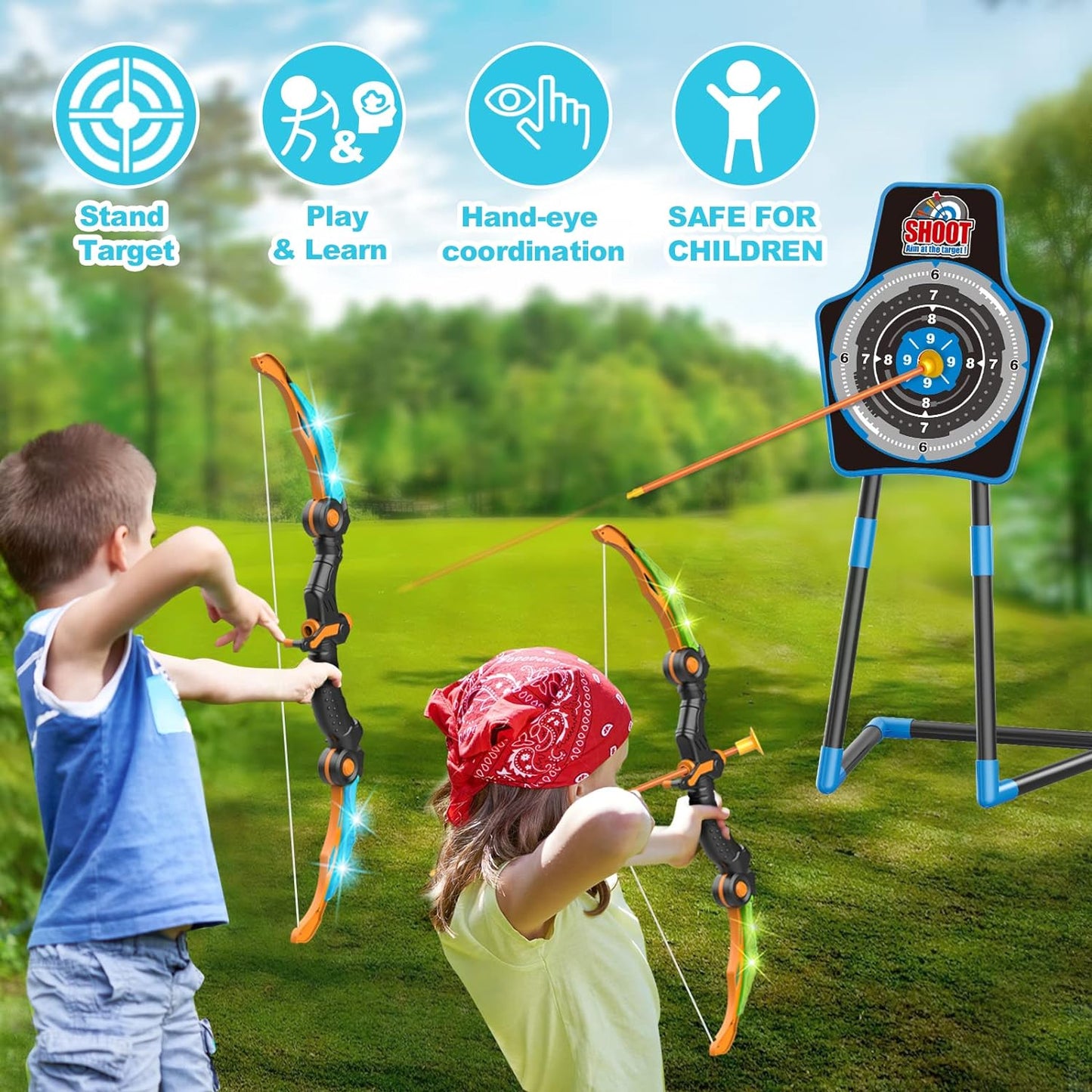 2 Bow and Arrow Sets with LED Light-Up,2 Foam Dart Guns for Kids 5 6 7 8 9 10+ Years Old, Archery Set with Standing Target for Boys & Girl, Ideal Gift