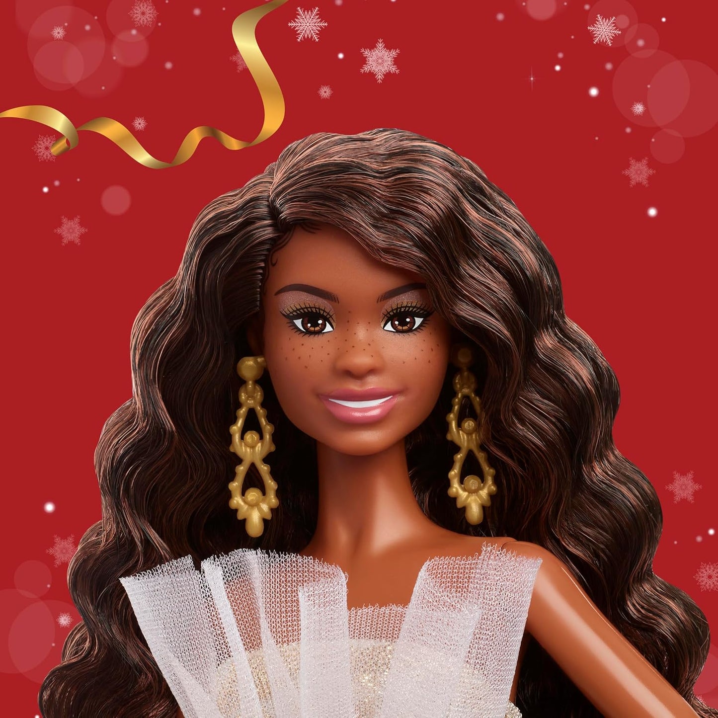 Signature 2025 Holiday Black Hair Fashion Doll Wearing Silver & Gold Gown, Seasonal Collector in Displayable Packaging & Stand