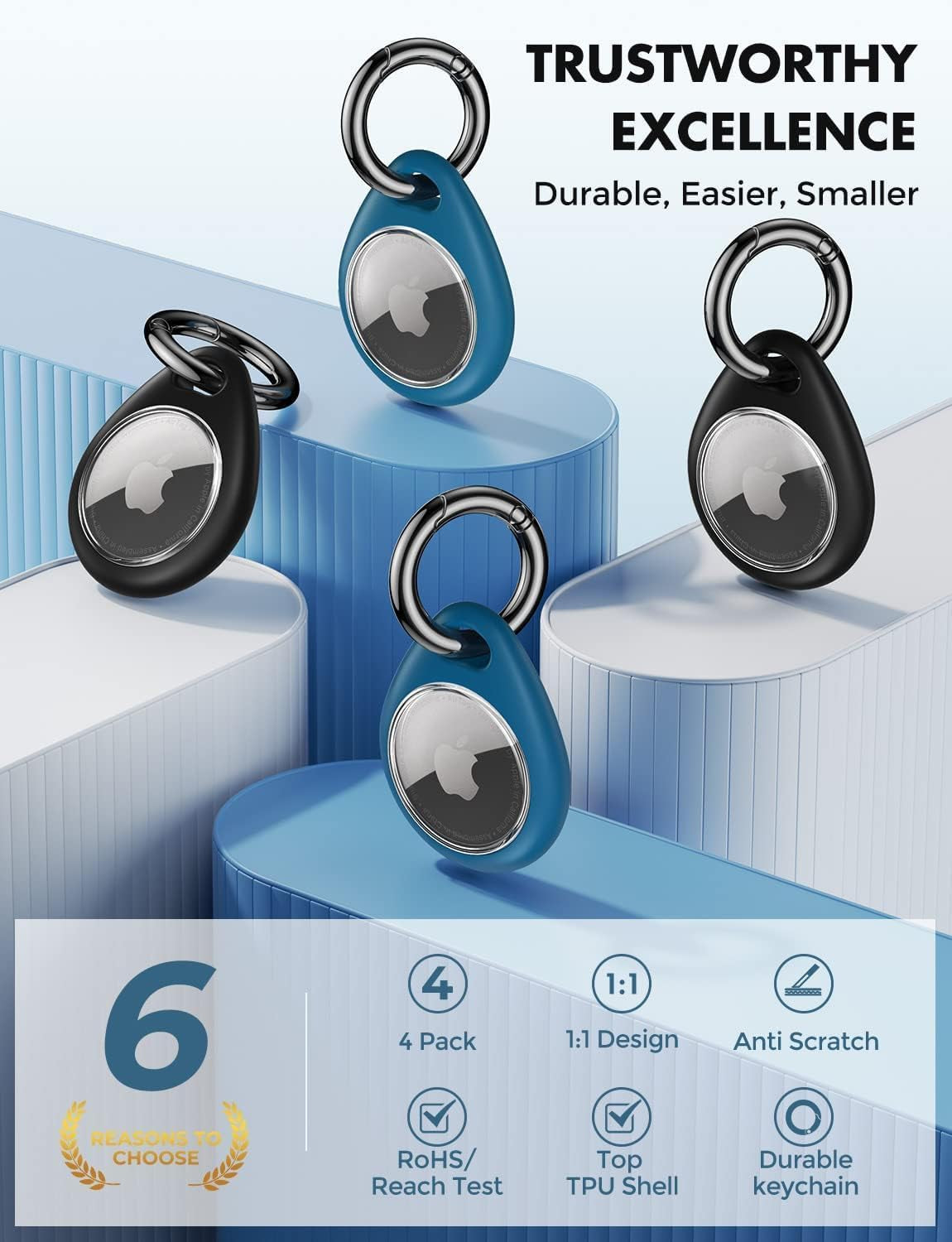 Airtag Holder for Apple - 4 Pack Air Tag Case [Fit Tightly Design] [Easy to Install] [Hold Securely] Waterproof TPU Protective Cover with Metal Keychain for Kids,Pet,Luggage,Backpack,Keys