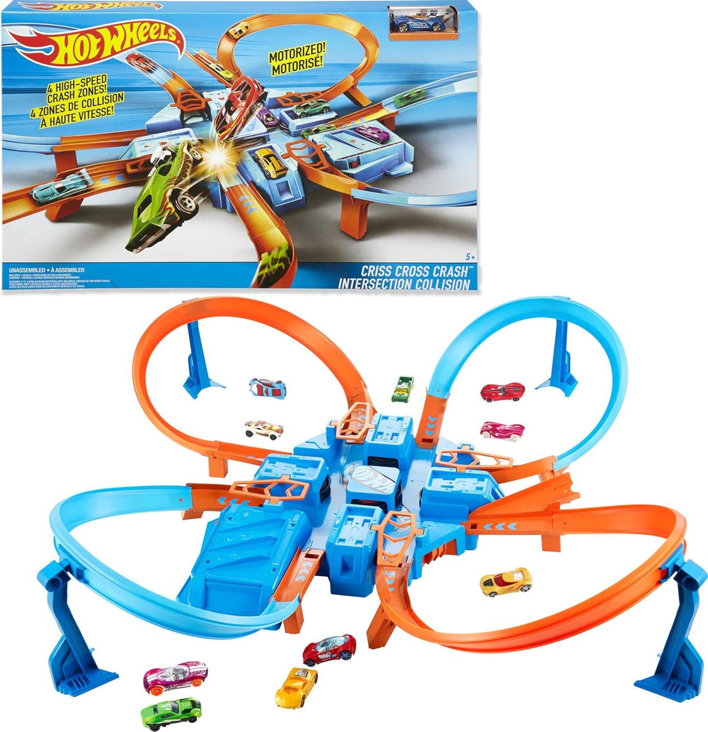 Track Set with 1:64 Scale Toy Car, 4 Intersections for Crashing, Powered by a Motorized Booster, Criss-Cross Crash Track (Amazon Exclusive)