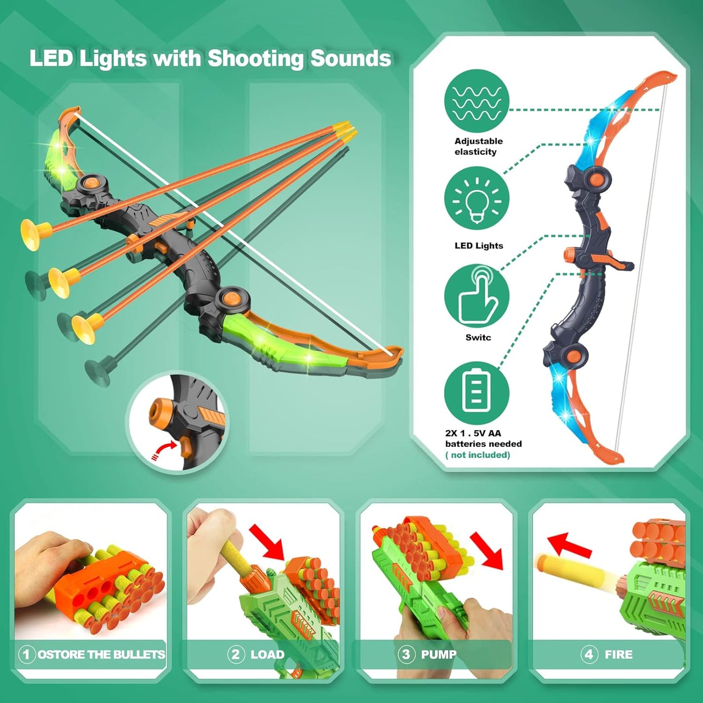 2 Bow and Arrow Sets with LED Light-Up,2 Foam Dart Guns for Kids 5 6 7 8 9 10+ Years Old, Archery Set with Standing Target for Boys & Girl, Ideal Gift