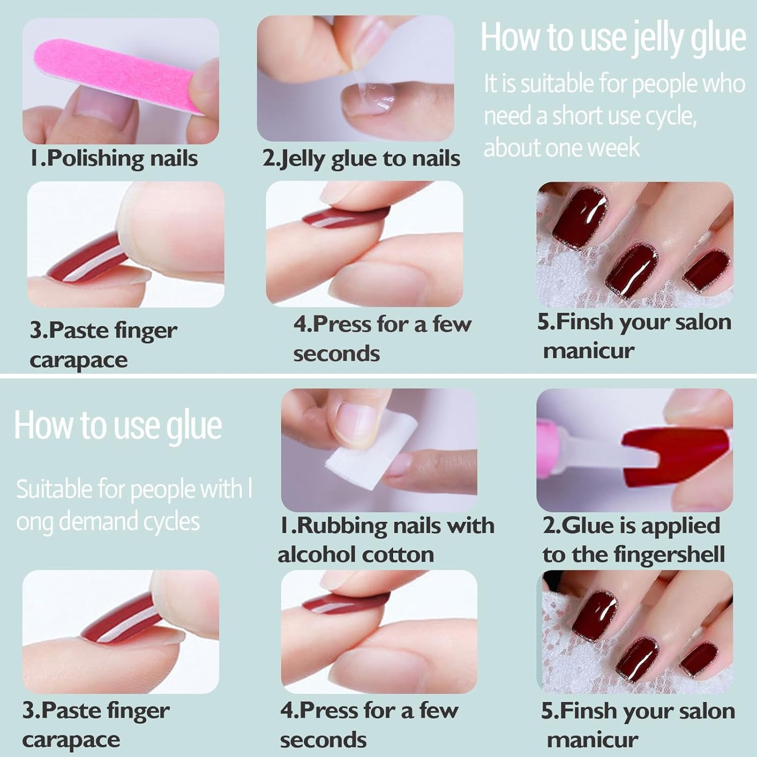 6 Pack (180Pcs) French Tip Press on Nails - Almond, Square, Coffin, with Nail Glue, Artificial Nails Stick on Nails