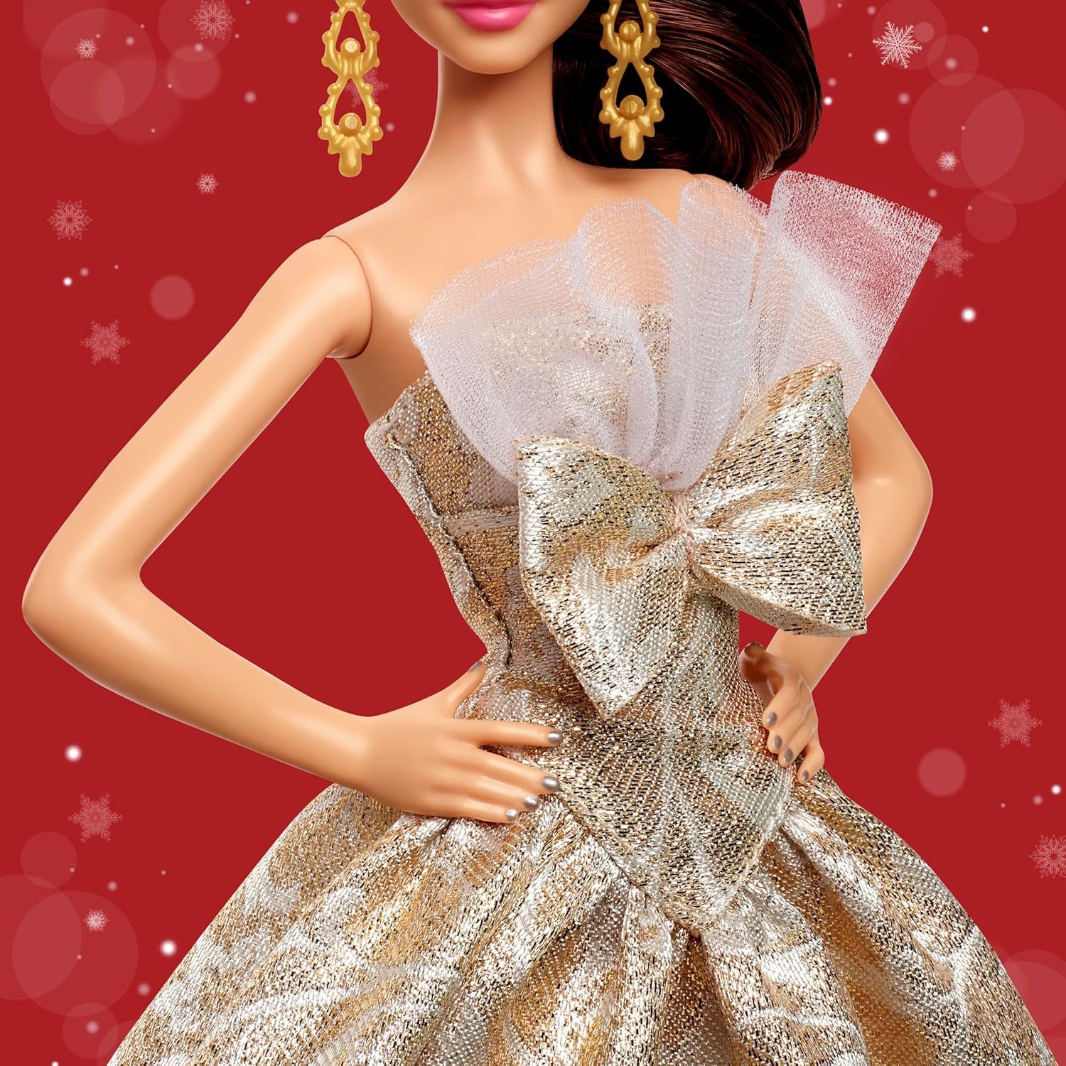 Signature 2025 Holiday Light Brown Hair Fashion Doll Wearing Silver & Gold Gown, Seasonal Collector in Displayable Packaging & Stand