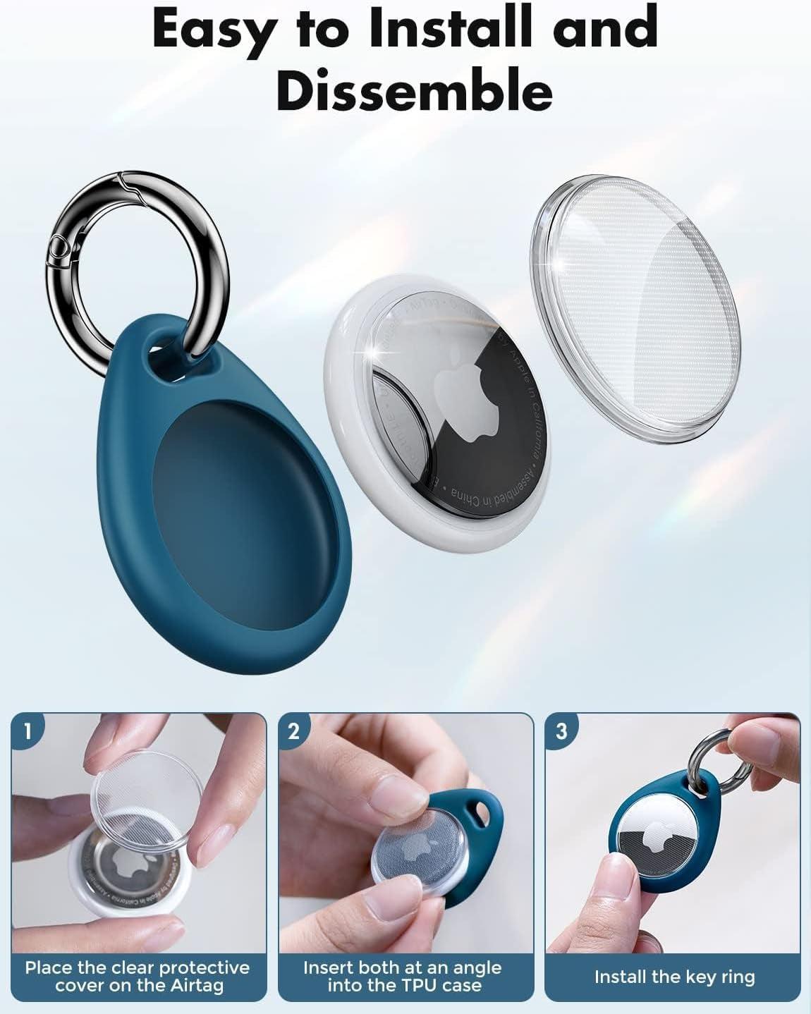 Airtag Holder for Apple - 4 Pack Air Tag Case [Fit Tightly Design] [Easy to Install] [Hold Securely] Waterproof TPU Protective Cover with Metal Keychain for Kids,Pet,Luggage,Backpack,Keys