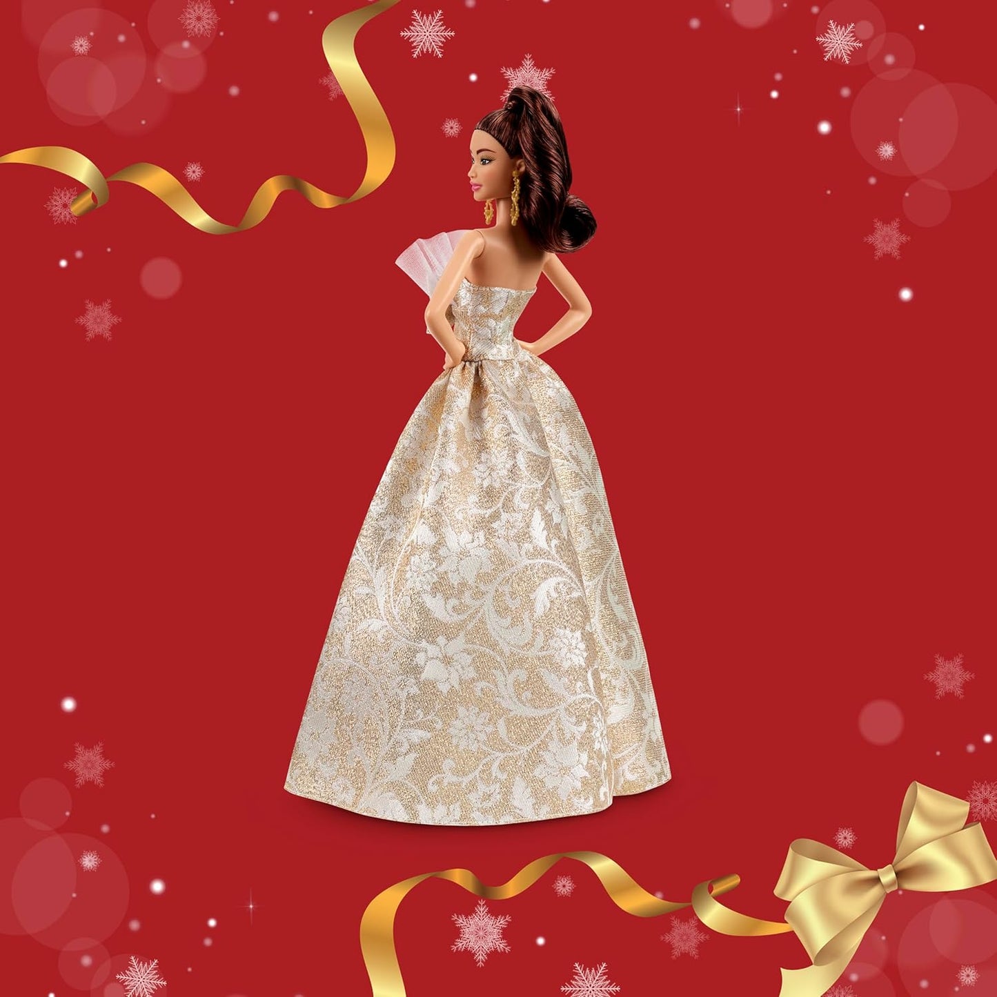 Signature 2025 Holiday Light Brown Hair Fashion Doll Wearing Silver & Gold Gown, Seasonal Collector in Displayable Packaging & Stand