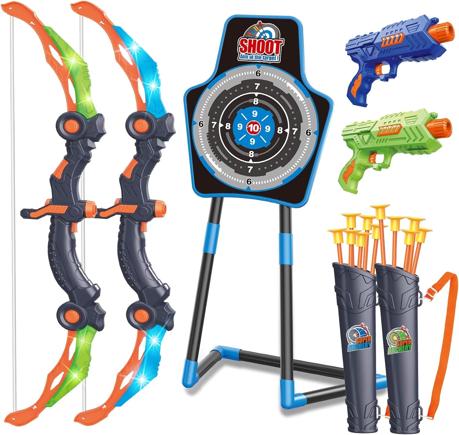 2 Bow and Arrow Sets with LED Light-Up,2 Foam Dart Guns for Kids 5 6 7 8 9 10+ Years Old, Archery Set with Standing Target for Boys & Girl, Ideal Gift
