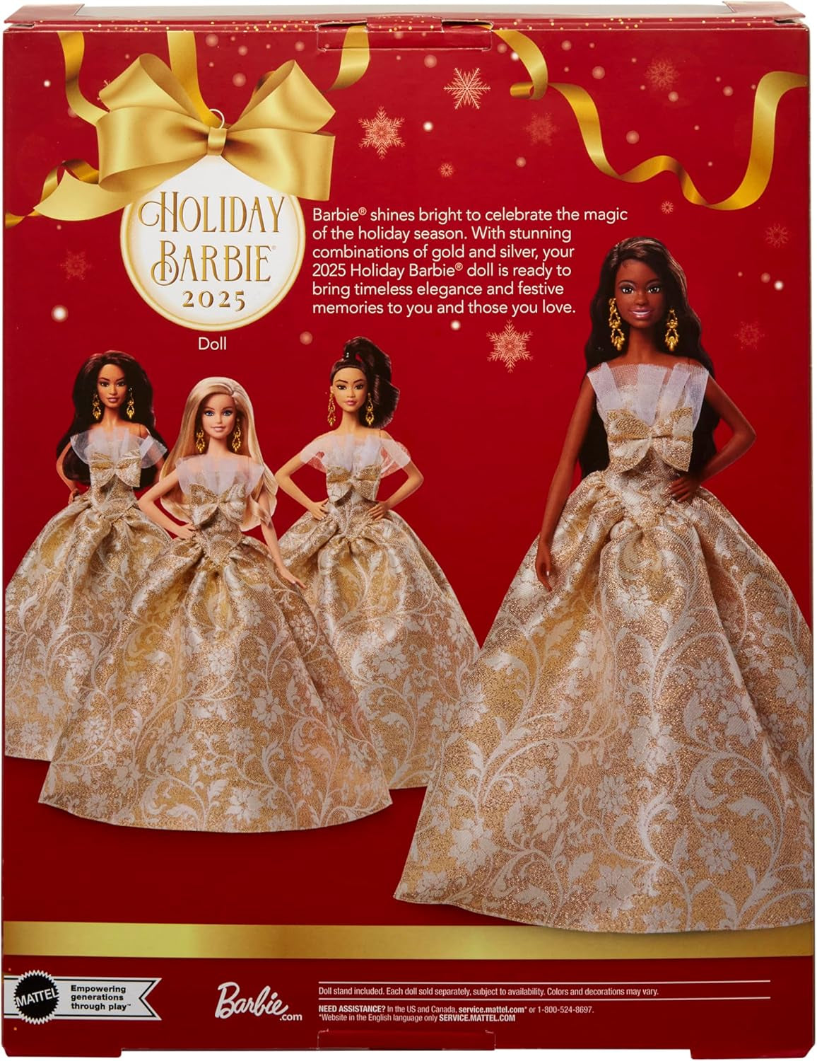 Signature 2025 Holiday Black Hair Fashion Doll Wearing Silver & Gold Gown, Seasonal Collector in Displayable Packaging & Stand