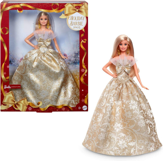 Signature 2025 Holiday Blonde Fashion Doll Wearing Silver & Gold Gown, Seasonal Collector in Displayable Packaging & Stand