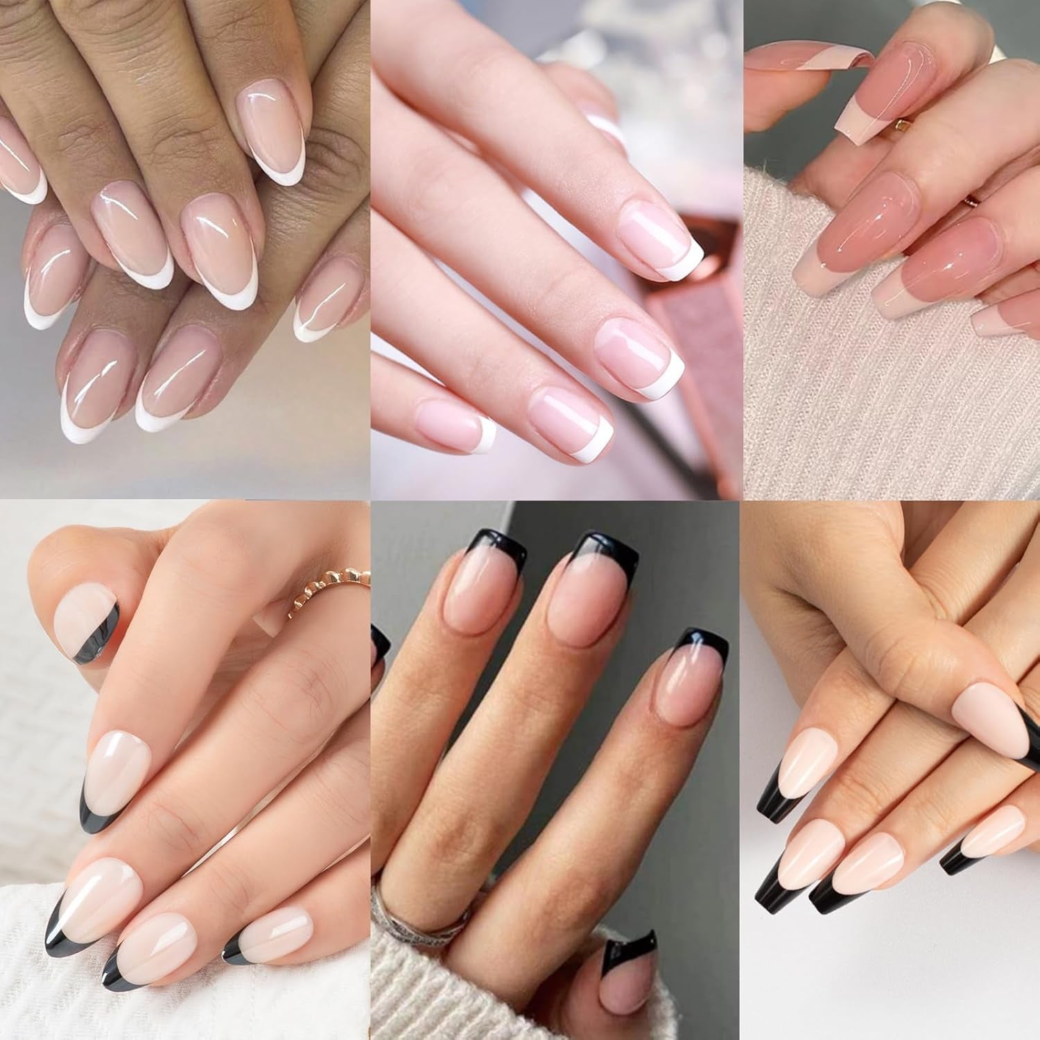 6 Pack (180Pcs) French Tip Press on Nails - Almond, Square, Coffin, with Nail Glue, Artificial Nails Stick on Nails